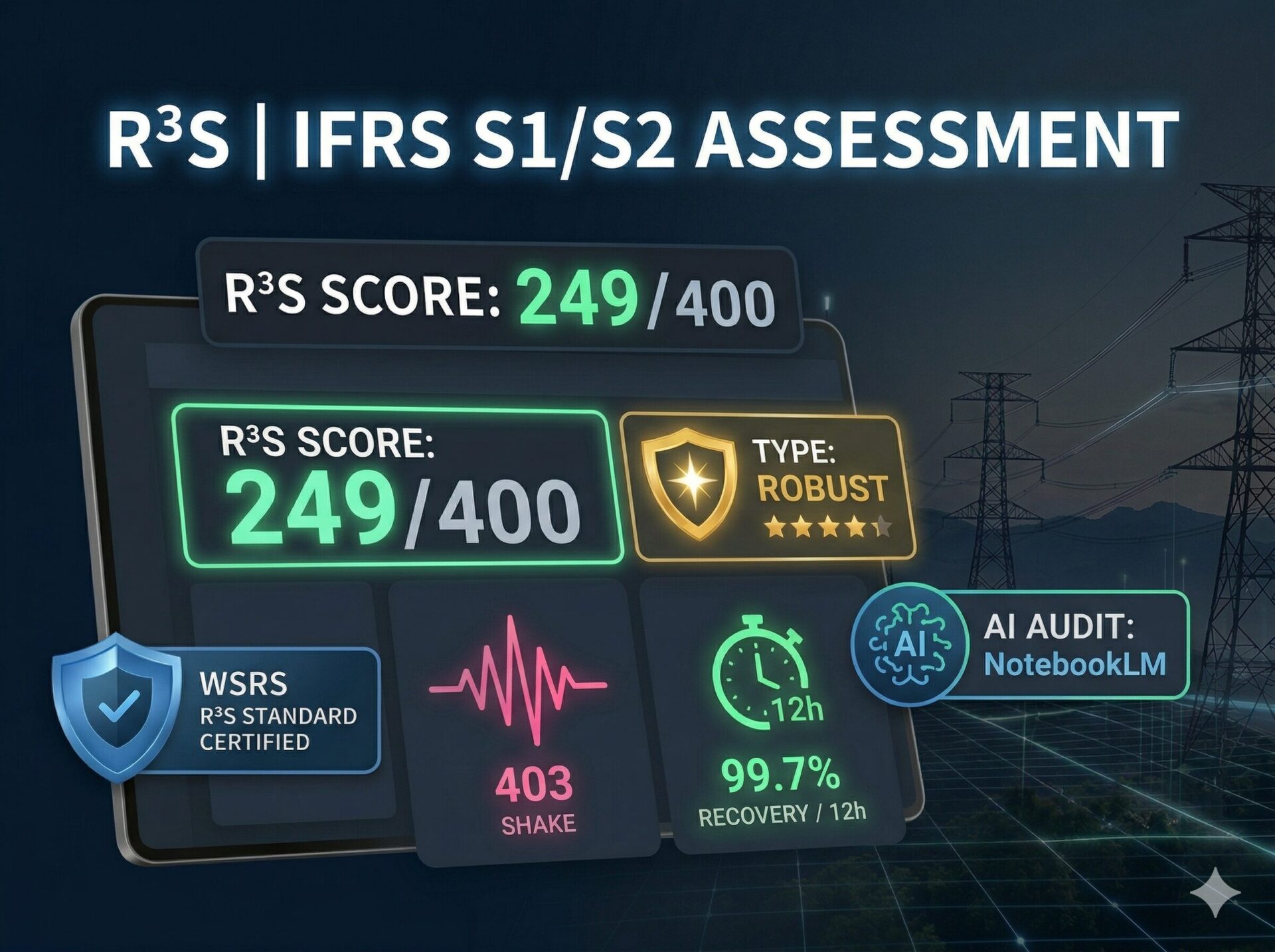 WSRS R3S 標準之 IFRS S1/S2 韌性評估儀表板。深色簡約設計,標註 249/400 高分及 Robust 強韌型等級,結合地震巨災後的快速回復量化指標,展現企業營運持續之可靠度。